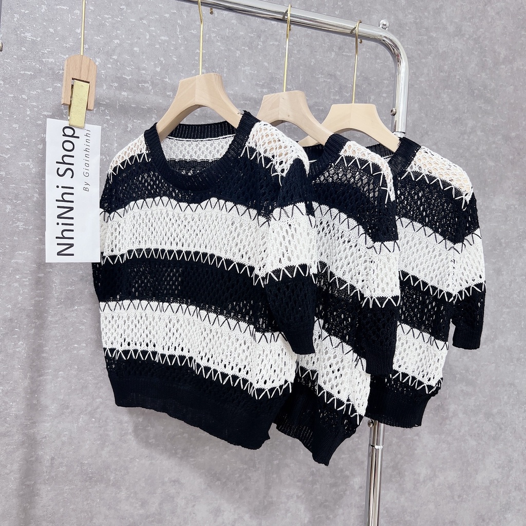 Áo len mỏng lưới kẻ đen trắng, Áo kiểu cổ tròn ngắn tay AL8523 - NhiNhi Shop
