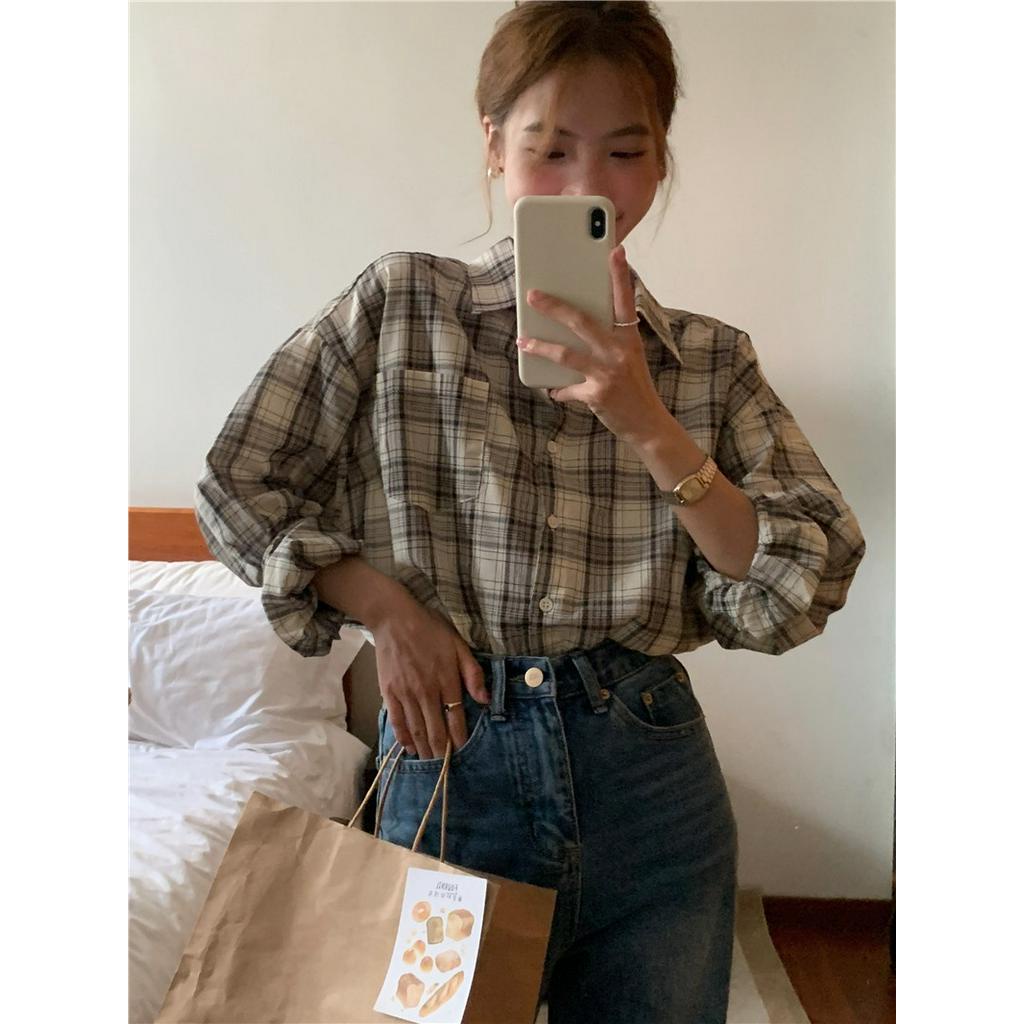 61211 Hàn Quốc Giản Dị polo Cổ Áo Sơ Mi Dài Tay Kẻ Sọc