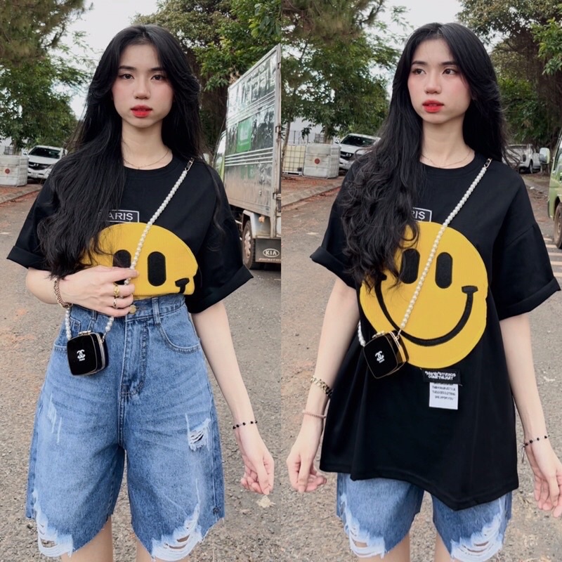 Áo Phông Quảng Châu hình mặt cười thêu siêu hot Hàng L1 chất cotton lạnh