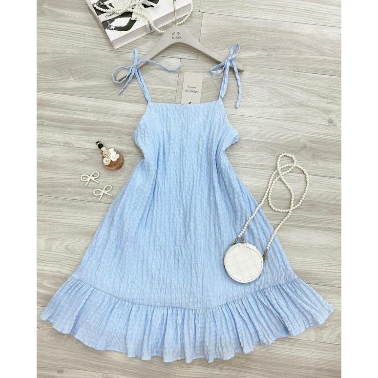 Đầm xốp 2 dây cột nơ vai, sang chảnh dáng xòe nhiều màu có hình thật