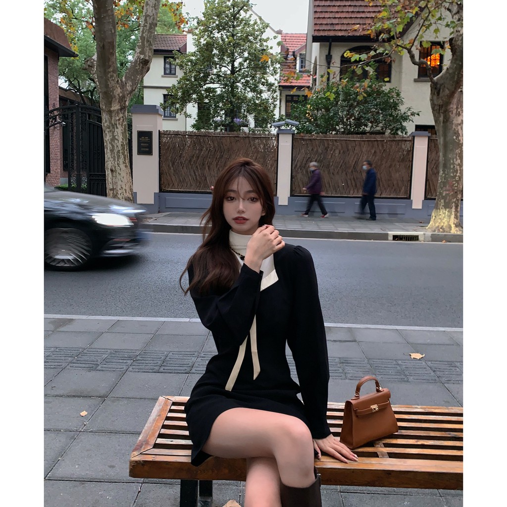 Váy ngắn dài tay nữ phong cách tiểu thư ngọt ngào khí chất hàng Quảng Châu thu đông mới xu hướng 2021