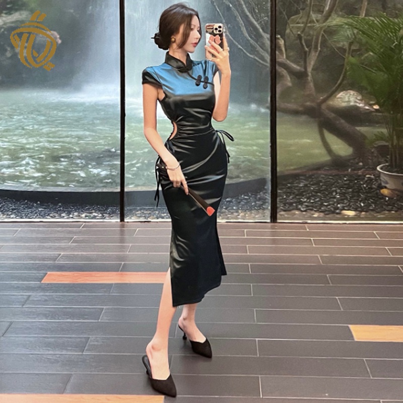 Sexy hollow-out waist drawstring improved cheongsam dress feminine French temperament slimming dress
