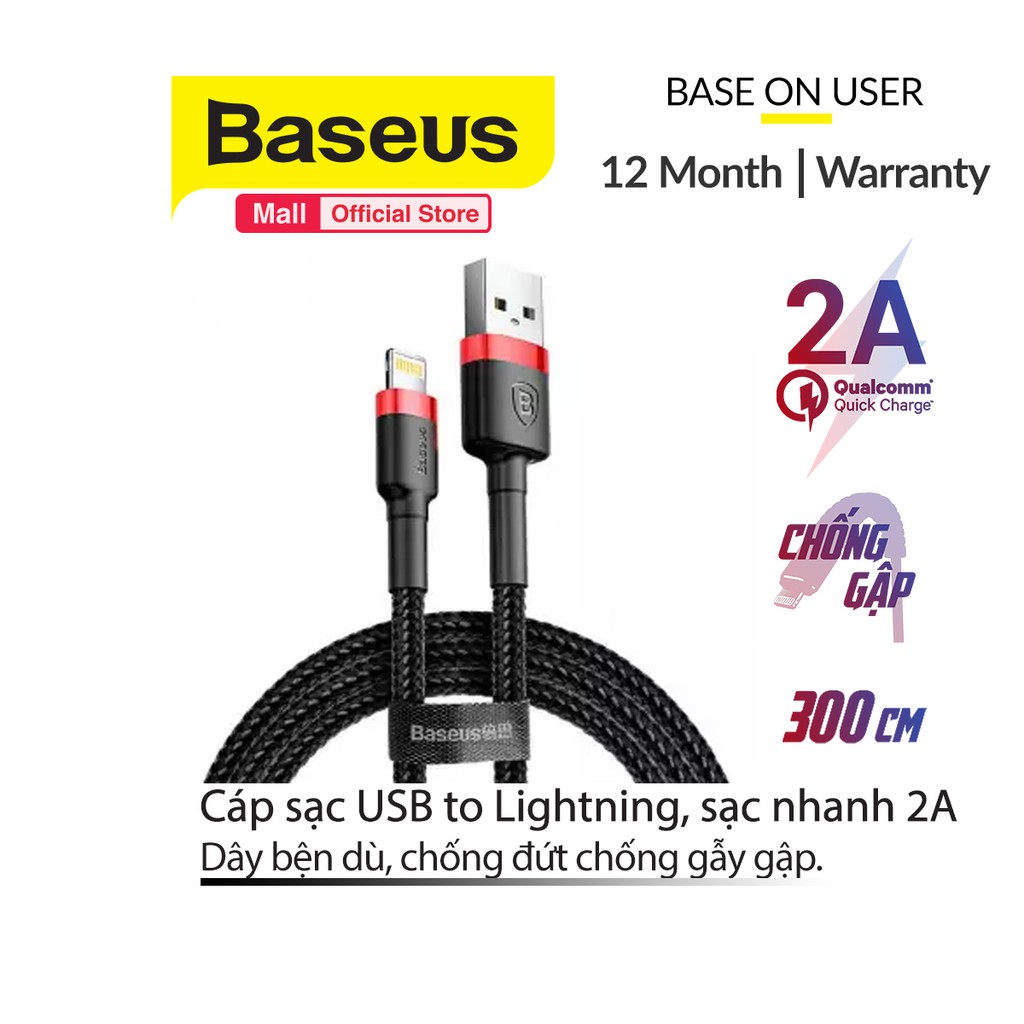 Cáp Baseus Cafule Lightning dành cho iPhone/iPad sạc nhanh và truyền dữ liệu tốc độ cao 0.5m,1m/2m/3m ( 2.4A/1.5A/2A ) | BigBuy360 - bigbuy360.vn