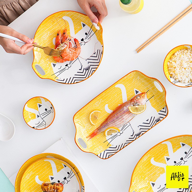 Bộ bát đĩa, bộ chén bát họa tiết mèo vàng dễ thương cho 1-2 người – phụ kiện bàn ăn và quà tặng