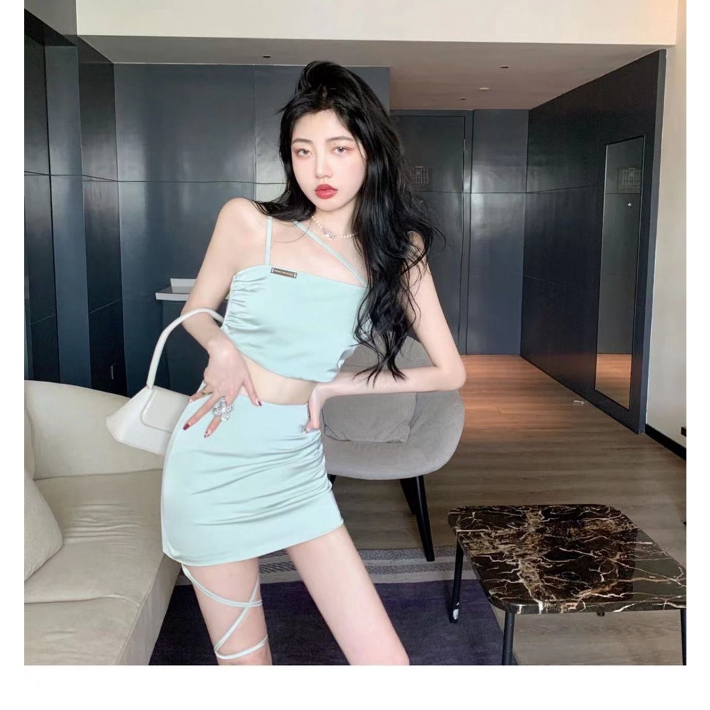 Bộ 2 mảnh gồm áo dây buộc ngang lưng và váy ngắn eo cao thời trang mùa hè 2022 cho nữ