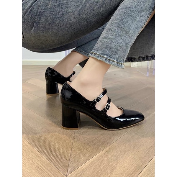 Giày búp bê da bóng cao gót đế vuông 7cm