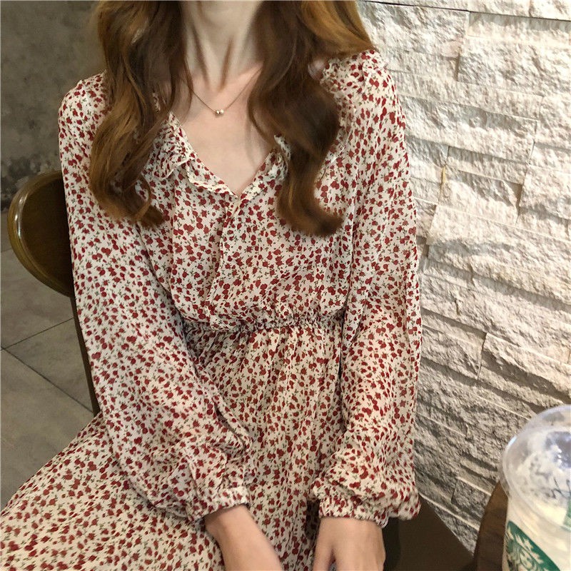 Đầm tay dài chiều dài trung bình họa tiết hoa phong cách Pháp cho nữ | BigBuy360 - bigbuy360.vn