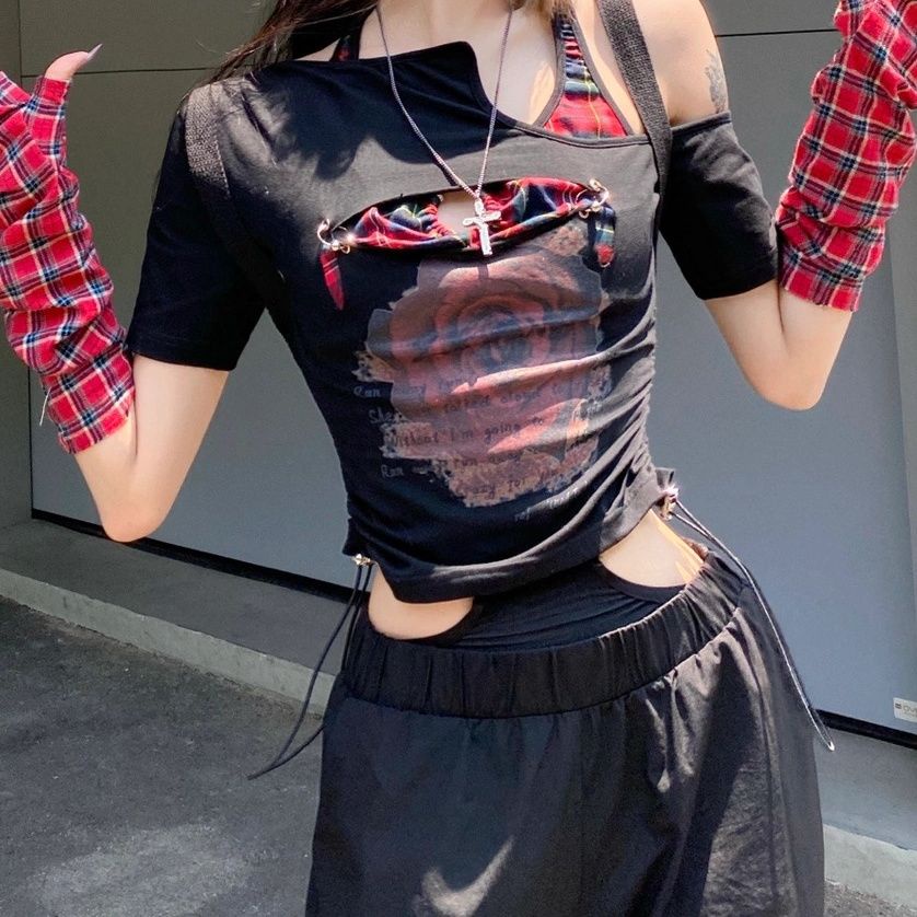 Áo Thun Ngắn Tay Hở Vai Giả Hai Mảnh Phong Cách Punk Đường Phố Gợi Cảm Thời Trang Mùa Hè Mới Dành Cho Nữ y2k