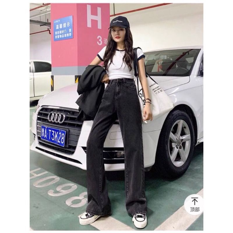 Quần bò ống rộng nữ đen quần jean bò ống rộng quần baby nữ cạp cao đủ size Pink Apricot Shop | BigBuy360 - bigbuy360.vn