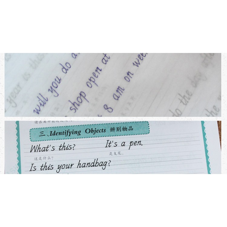 Vở tập viết các đoạn hội thoại tiếng Anh phù hợp từ lớp 1-8 giấy bóng mờ ghi đè lên với phông chữ in nghiêng