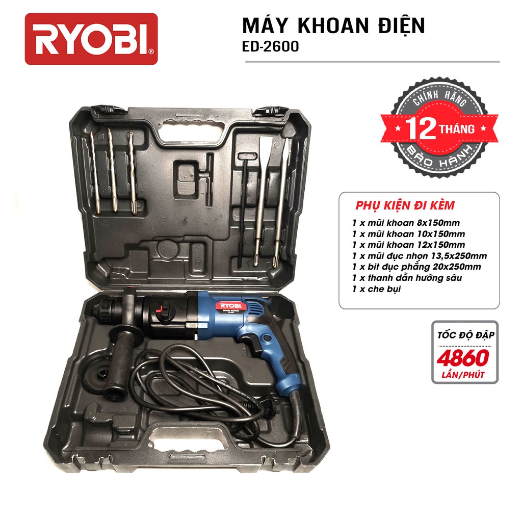 Máy khoan động lực cầm tay 3 chức năng điện 800W RYOBI (KYOCERA) - ED-2600 (Kèm Bộ mũi khoan, đục + Linh kiện)