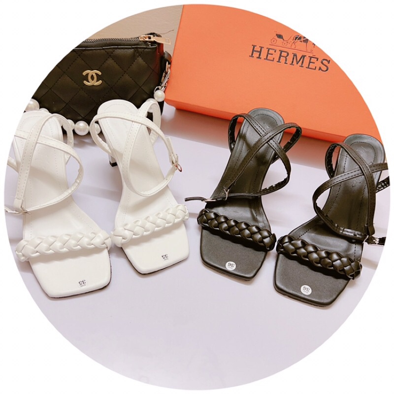 Sandal nữ cao gót 8p quai tết nhỏ gót dẹt-Hàng có sẵn