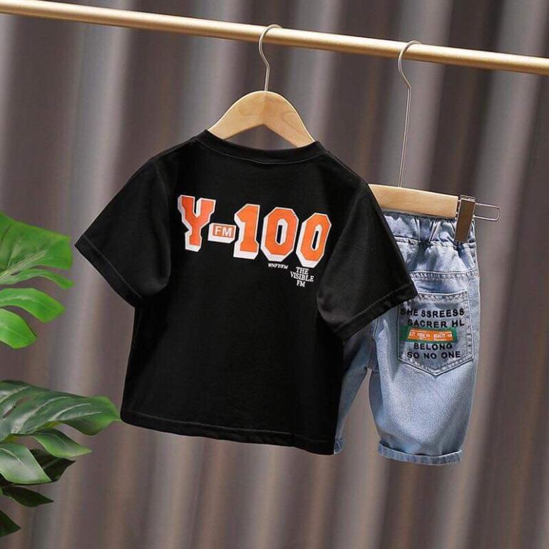 Set bộ áo thun quần jean cho bé trai phong cách Hàn Quốc, Size 9-23kg, áo khủng long, co giãn 4 chiều Hongvybaby ]