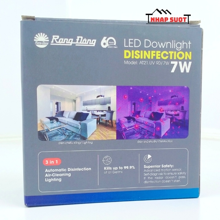 [Chính Hãng] Đèn Âm Trần UV Diệt Khuẩn LED Downlight Rạng Đông 90/7W (AT21.UV 90/7w)