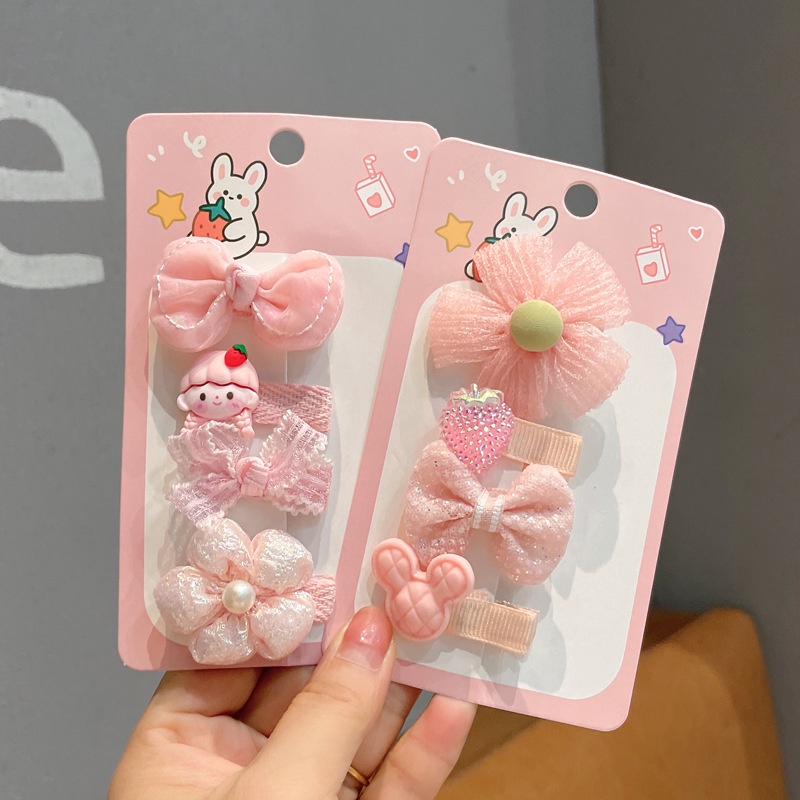Bộ 4 Kẹp Tóc Hình Nơ Họa Tiết Hoa / Bướm Hoạt Hình Phong Cách Hàn Quốc Dễ Thương Tinh Tế Thời Trang Cho Bé Gái