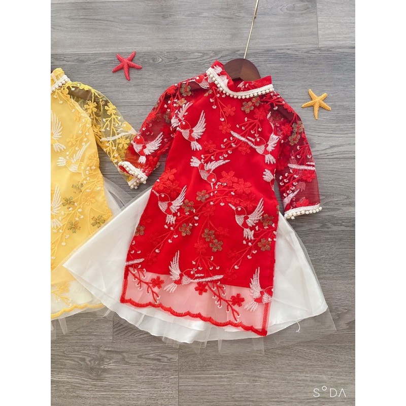 (BỘ ĐỒ CHƠI NOEL VÀ TẾT) Áo dài trẻ em chim hạc ren chuỗi QATE628 bé gái