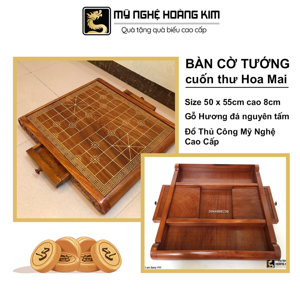 Bàn cờ tướng bằng gỗ Hương - Cuốn thư hoa mai