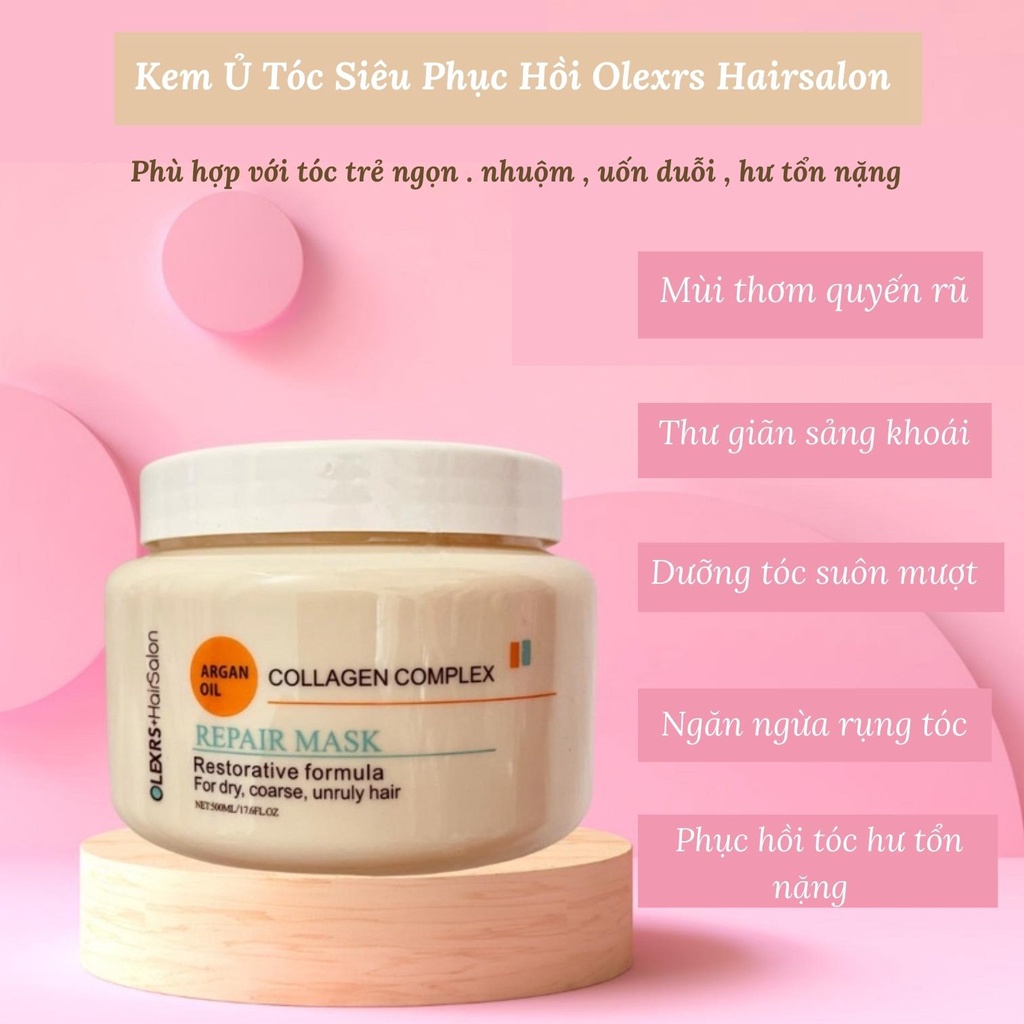 Ủ Tóc xudastore Kem Ủ Tóc Olexrs Hairsalon Argan Oil Collagen 500ml Phục Hồi Tóc Hư Tổn
