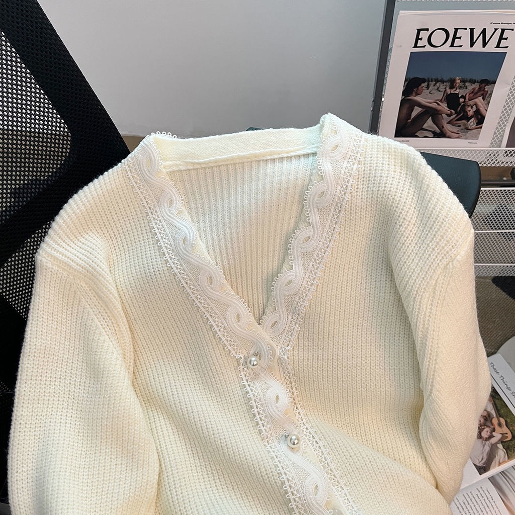 Áo Khoác Cardigan Dệt Kim Mỏng Mềm Mại Cổ Chữ V Phối Ren Thời Trang Xuân Thu Dành Cho Nữ