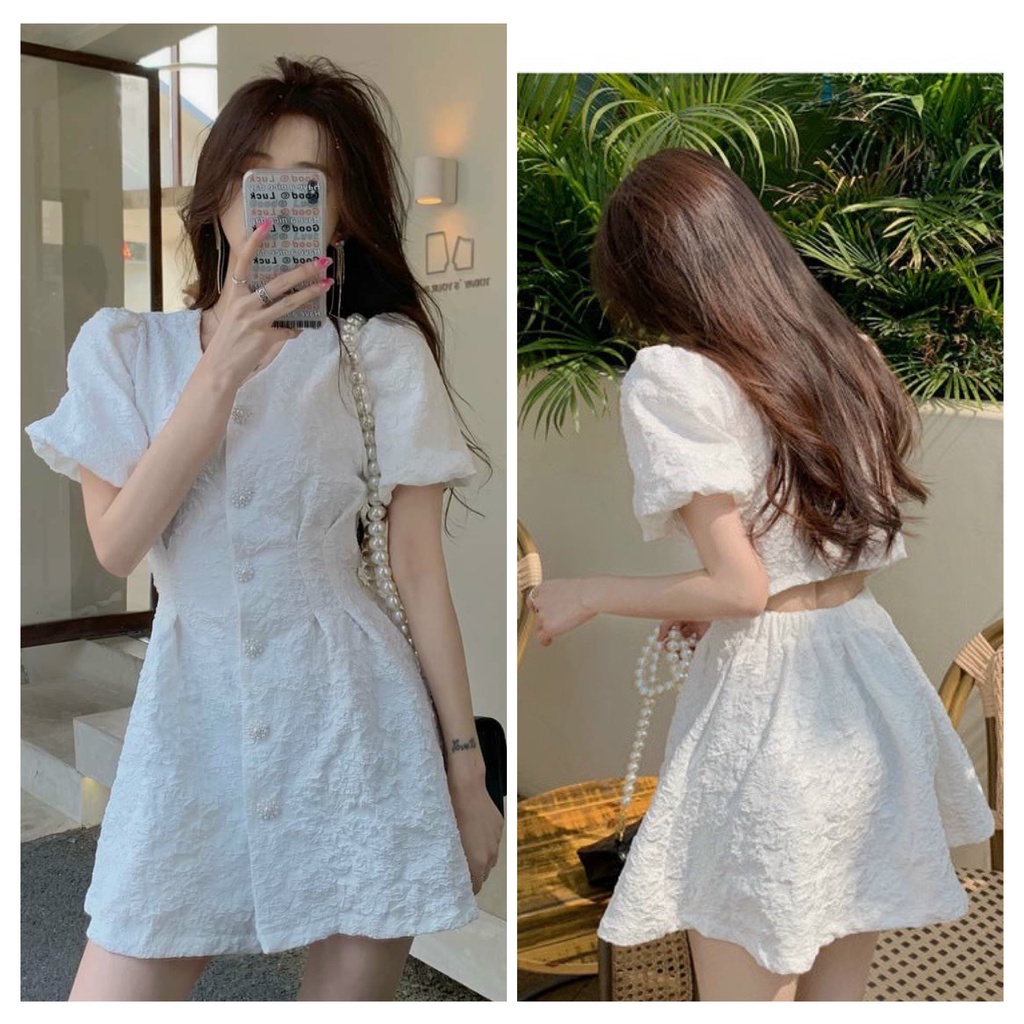 Váy trắng hở lưng chất gám xốp in hoa nổi đầm dự tiệc sang trọng
