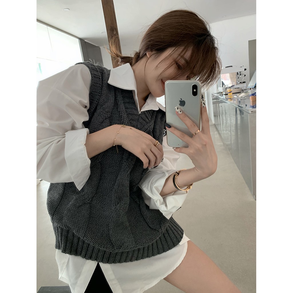 Áo sơ mi trắng dài tay / Áo khoác len không tay thời trang cho nữ | BigBuy360 - bigbuy360.vn