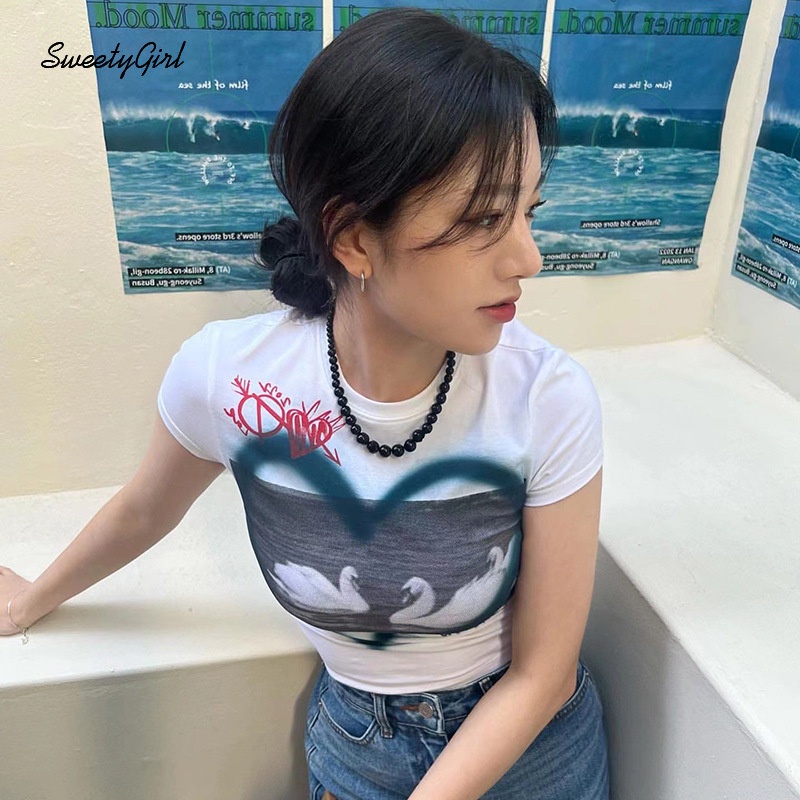 Áo Thun Crop Top Ngắn Tay Cổ Tròn In Họa Tiết Thời Trang 2022 Cho Nữ