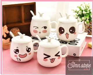 01 Ly cốc sứ có nắp (kèm muỗng)  hình biểu cảm siêu cute (giao mẫu ngẫu nhiên). SD1_HK062