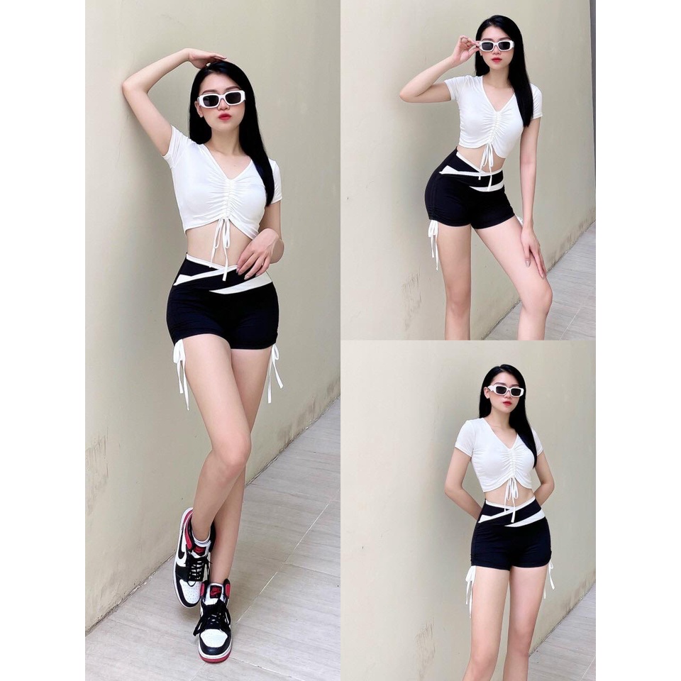 Đồ tập gym nữ, đồ bơi Hot trend Áo Croptop rút dây, Quần đùi cạp chéo siêu dễ thương, tập gym, yoga, zumba, chạy bộ