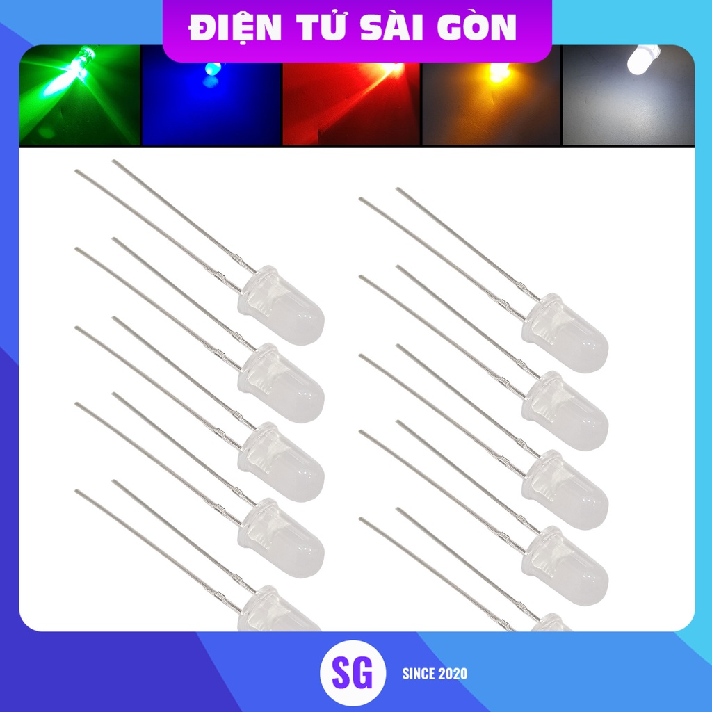 Combo 10 con Led đục 5mm đỏ, trắng, xanh lá, xanh dương, vàng