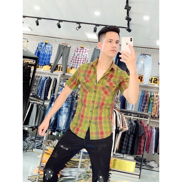 Áo sơ mi nam bbr ngắn tay kẻ sọc caro 2 túi ngực