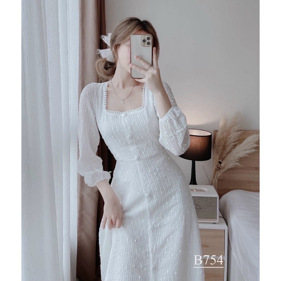 Đầm dự tiệc Đầm ren cổ vuông phối nút phù hợp mặc đi tiệc, đi chơi, đi dạo, chụp hình kỉ yếu TANA D0498 | BigBuy360 - bigbuy360.vn