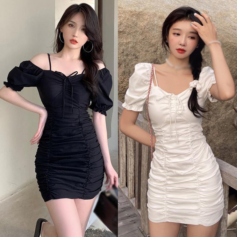 Đầm Tay Ngắn Phồng Cổ Vuông Màu Sắc Ngọt Ngào Phong Cách Hàn Quốc