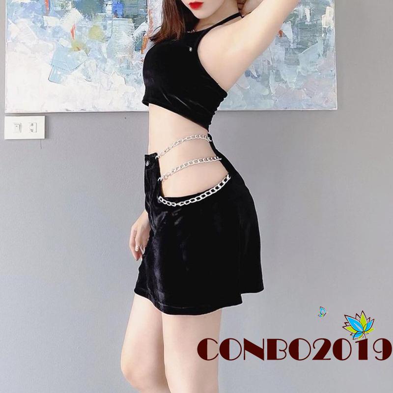 Hgm-đầm Yếm Phối Dây Xích Dáng Ôm Lưng Cao Thời Trang Mùa Hè Dành Cho Bạn Nữ Mặc Vào Mùa Hè