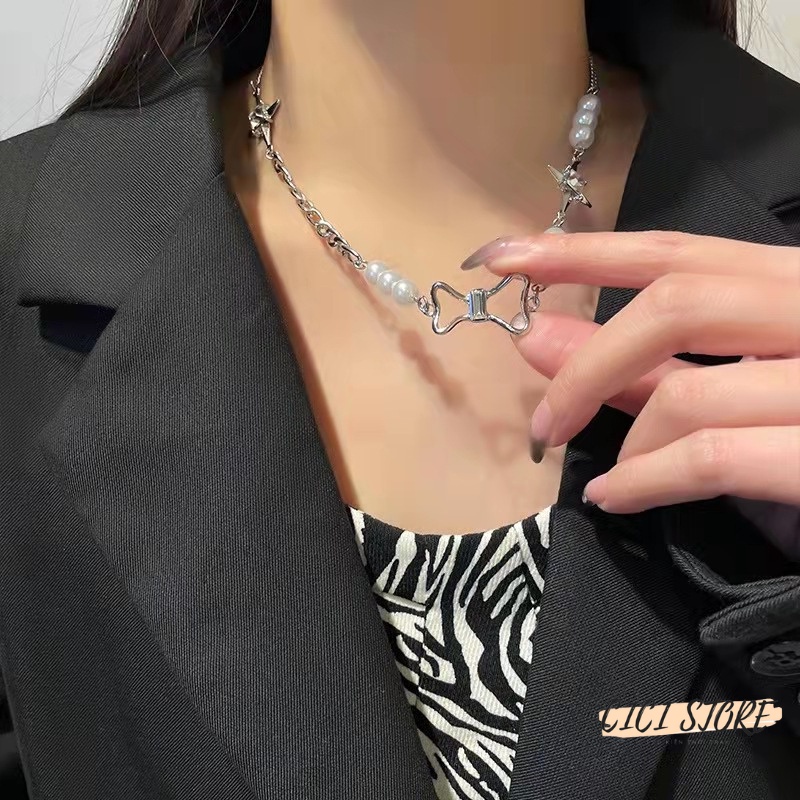 Dây Chuyền Nữ Thép Titan Không Gỉ Đôi Ngôi Sao Phối Ngọc Trai Nhân Tạo Với Thiết Kế Mới Mát Mẻ