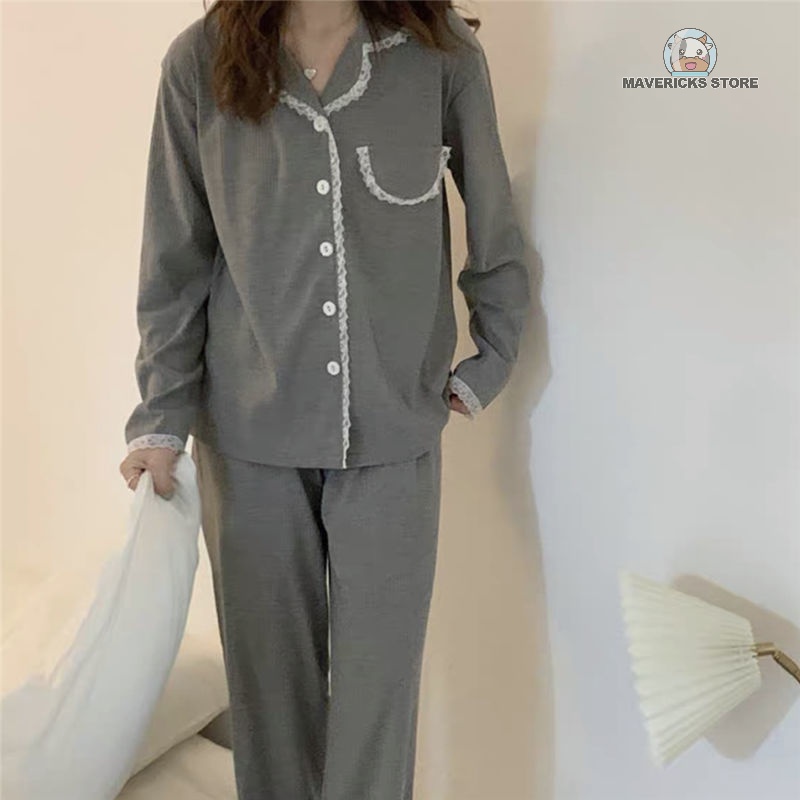 Bộ đồ ngủ phối ren màu trơn phong cách Hàn Quốc dễ thương thời trang mùa thu cao cấp cho nữ