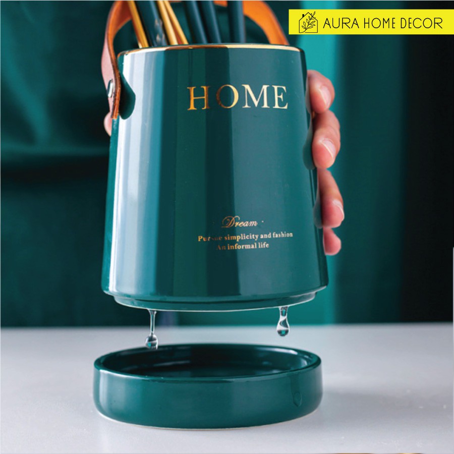 Hũ đựng đũa, thìa Home bằng sứ cao cấp có quai da tiện dụng 3 màu: Xanh cổ vịt/ Trắng/ Đen