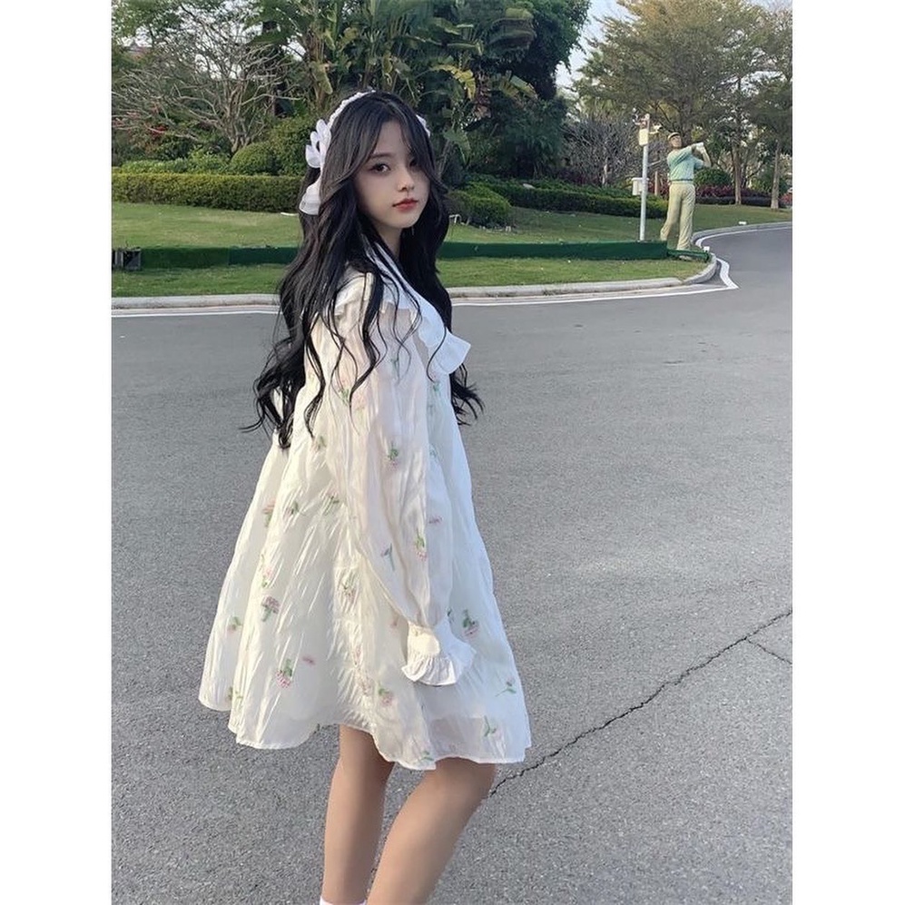 Đầm babydoll cổ bèo tay phồng siêu xinh