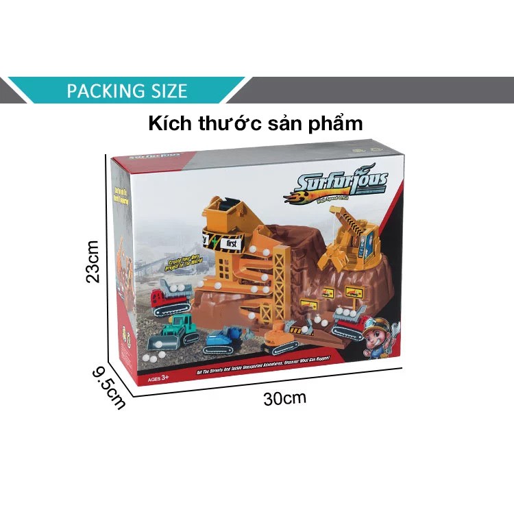 Bộ đồ chơi lắp ghép công trình khai thác đá kèm ô tô, cần vận chuyển và múc có bóng nhỏ lăn theo đường ray