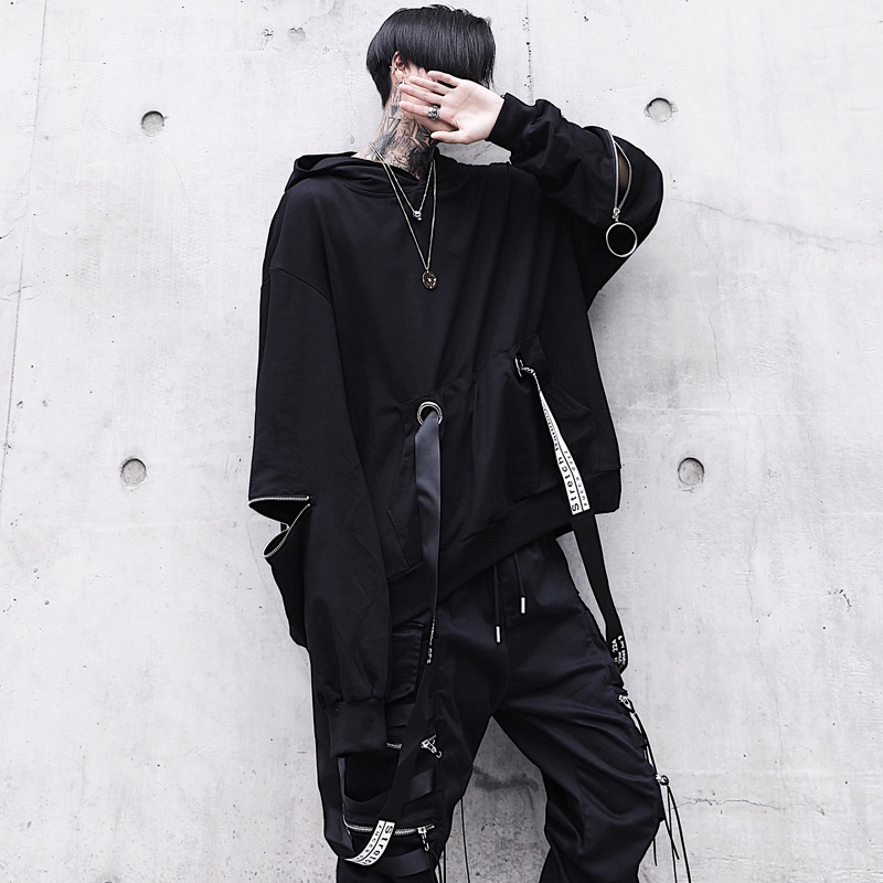 Áo hoodie tay dài có mũ phối dây ruy băng dây kéo màu đen phong cách harajuku dáng rộng thời trang mùa thu dành cho nam
