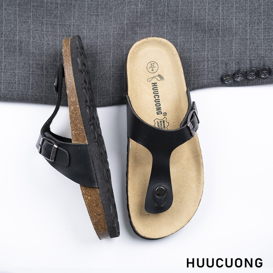 Dép unisex HuuCuong kẹp ngón đen đế trấu handmade