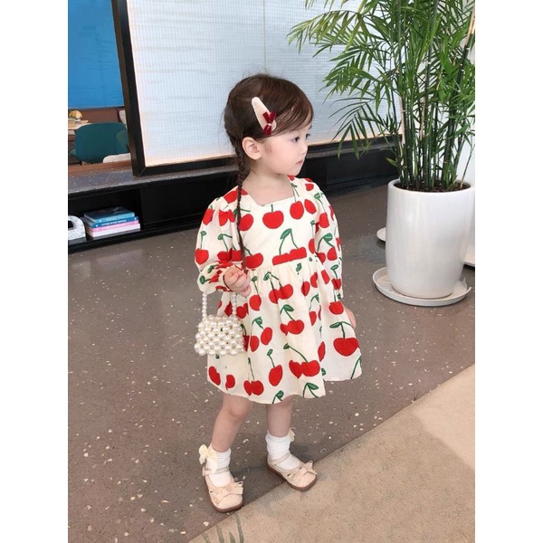 Váy cherry thu đông  cho bé gái, Váy in họa tiết quả cherry dễ thương cho bé, đầm nhung tăm thu đông