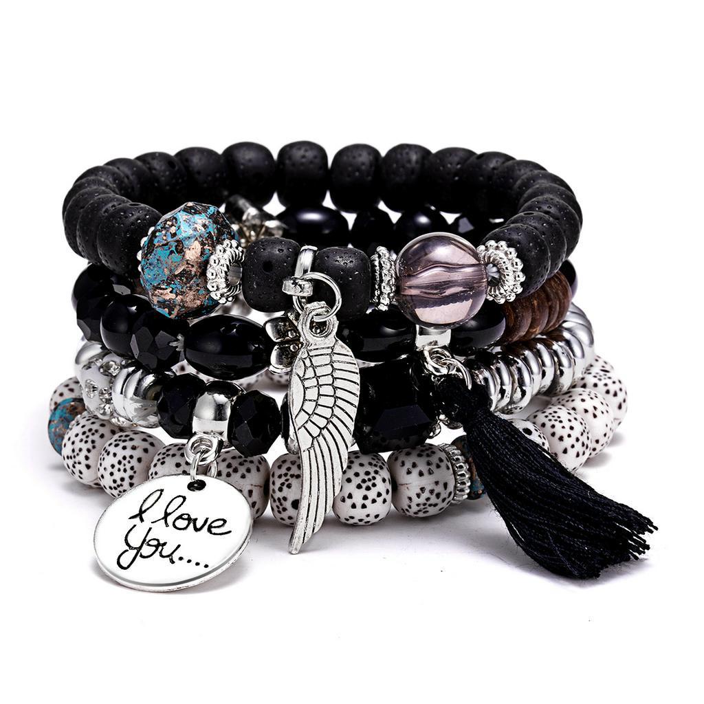 Set 4 vòng đeo tay Gmai chuỗi hạt đá mặt in I LOVE YOU thời trang cho nam