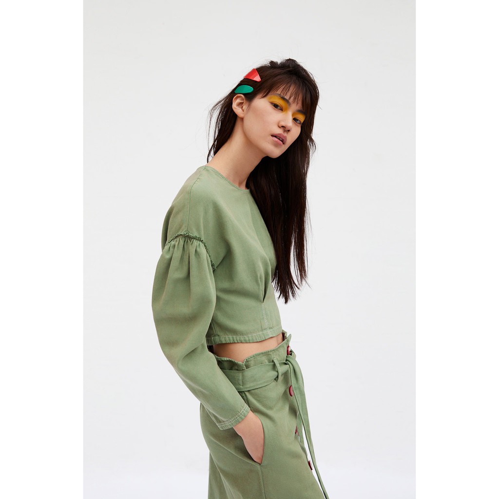 Áo Crop Top Dáng Rộng Tay Lửng Màu Xanh Lá 48090 - S, M, L)