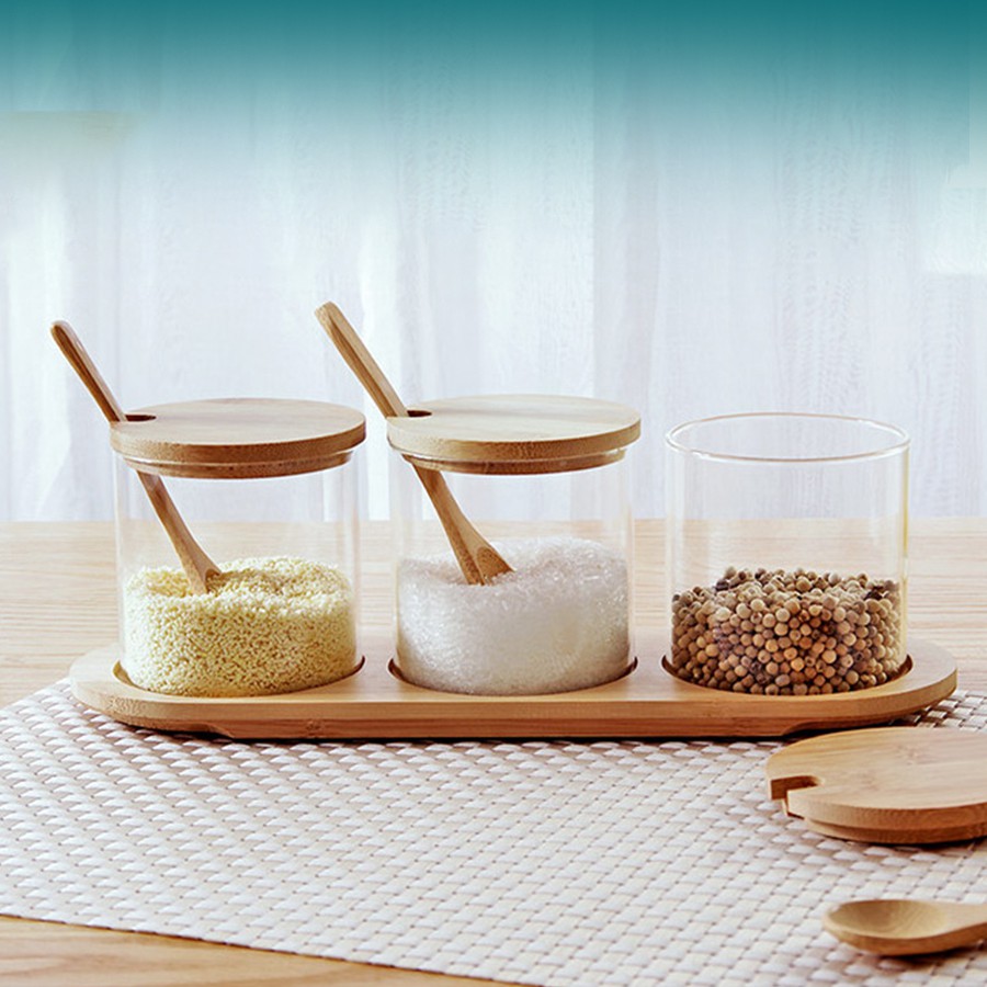 Set hũ đựng gia vị nắp gỗ cao cấp - Tặng kèm khay gỗ và thìa gỗ | BigBuy360 - bigbuy360.vn