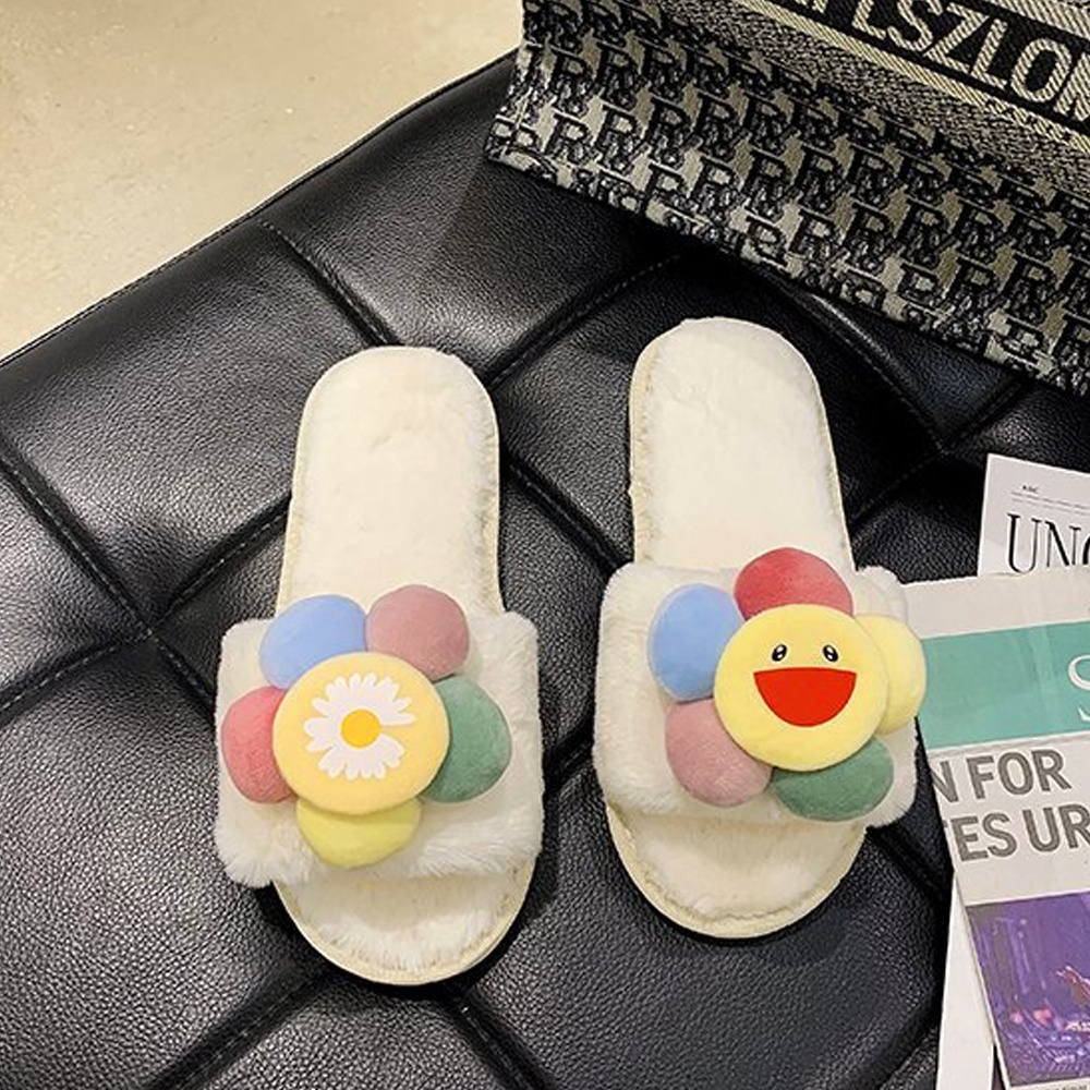 Dép lông thỏ Hoa mặt cười, siêu êm chân, dạng bánh mì quai ngang, mang trong nhà, văn phòng