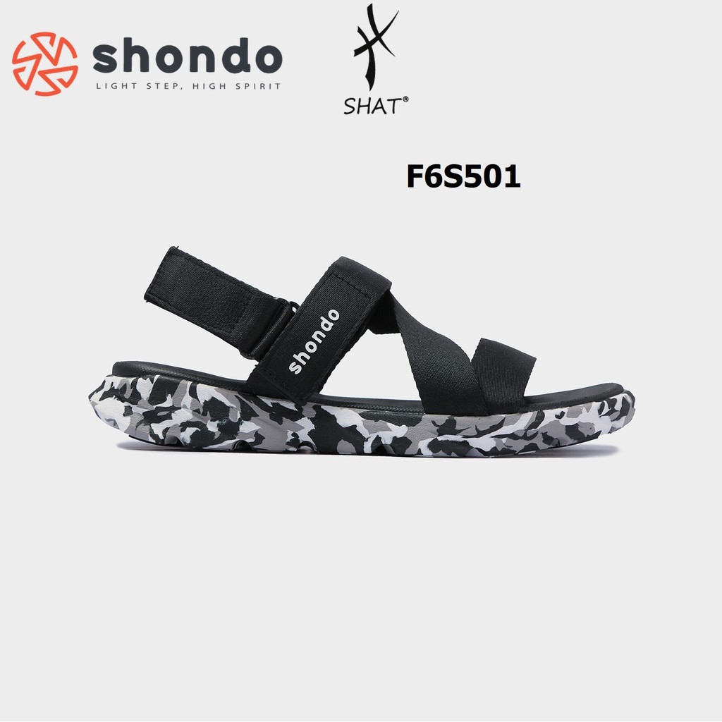 Giày sandal Shondo nam nữ đi học F6 đế bằng camo đen full F6S501