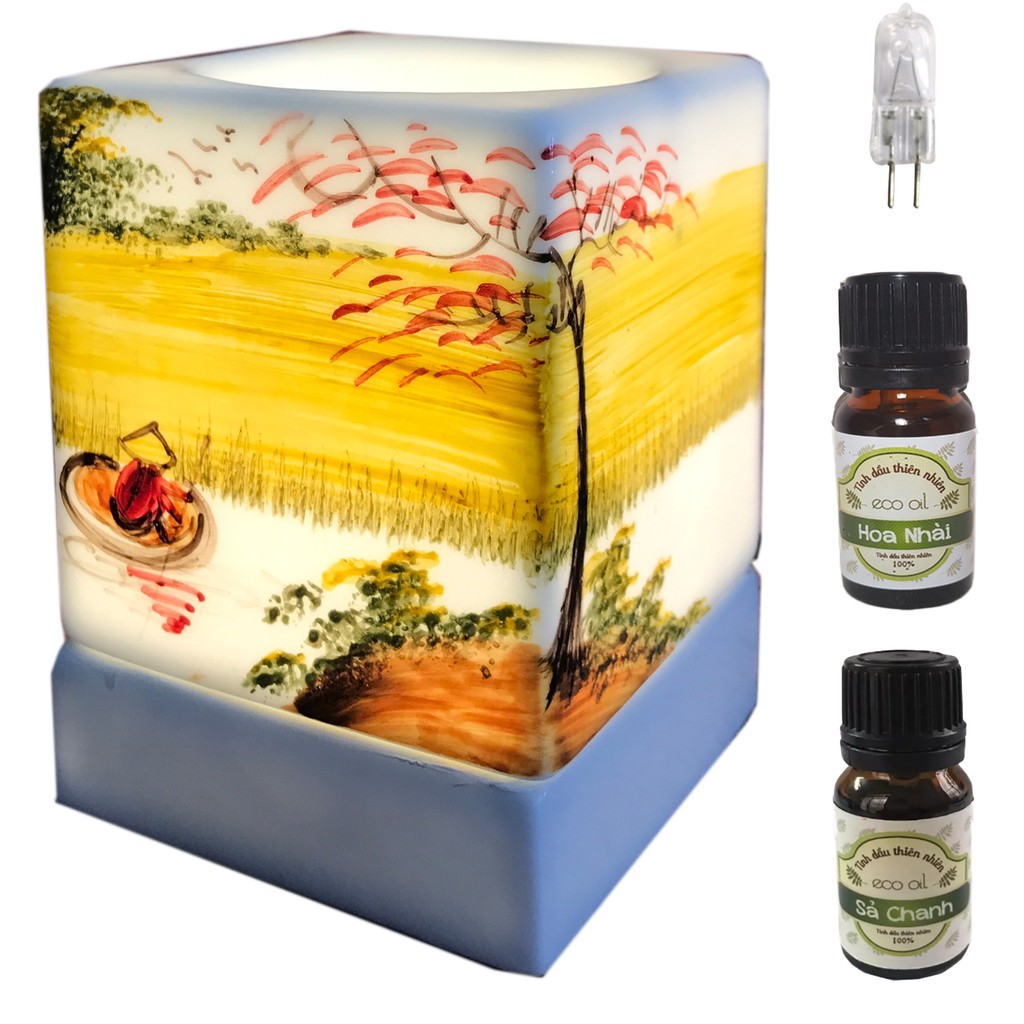 Đèn xông tinh dầu gốm vuông VGOM14 và 2 chai tinh dầu Song An Eco oil 5ml