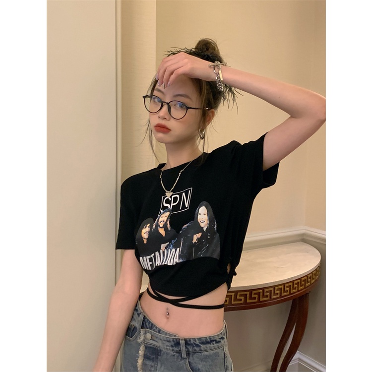 Cocory vn Áo Thun Crop Top Tay Ngắn Cột Dây Thời Trang Mùa Hè Phong Cách Hàn Quốc Cho Nữ