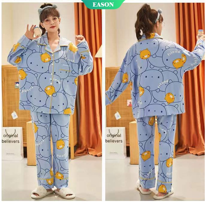 Bộ Đồ Ngủ Hai Món Tay Dài In Họa Tiết Mèo Hoạt Hình Dễ Thương Size M-XXL