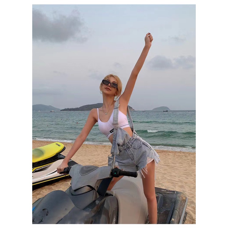 Quần yếm denim ngắn lưng cao rách mới Hàn quốc thời trang jumpsuit nữ